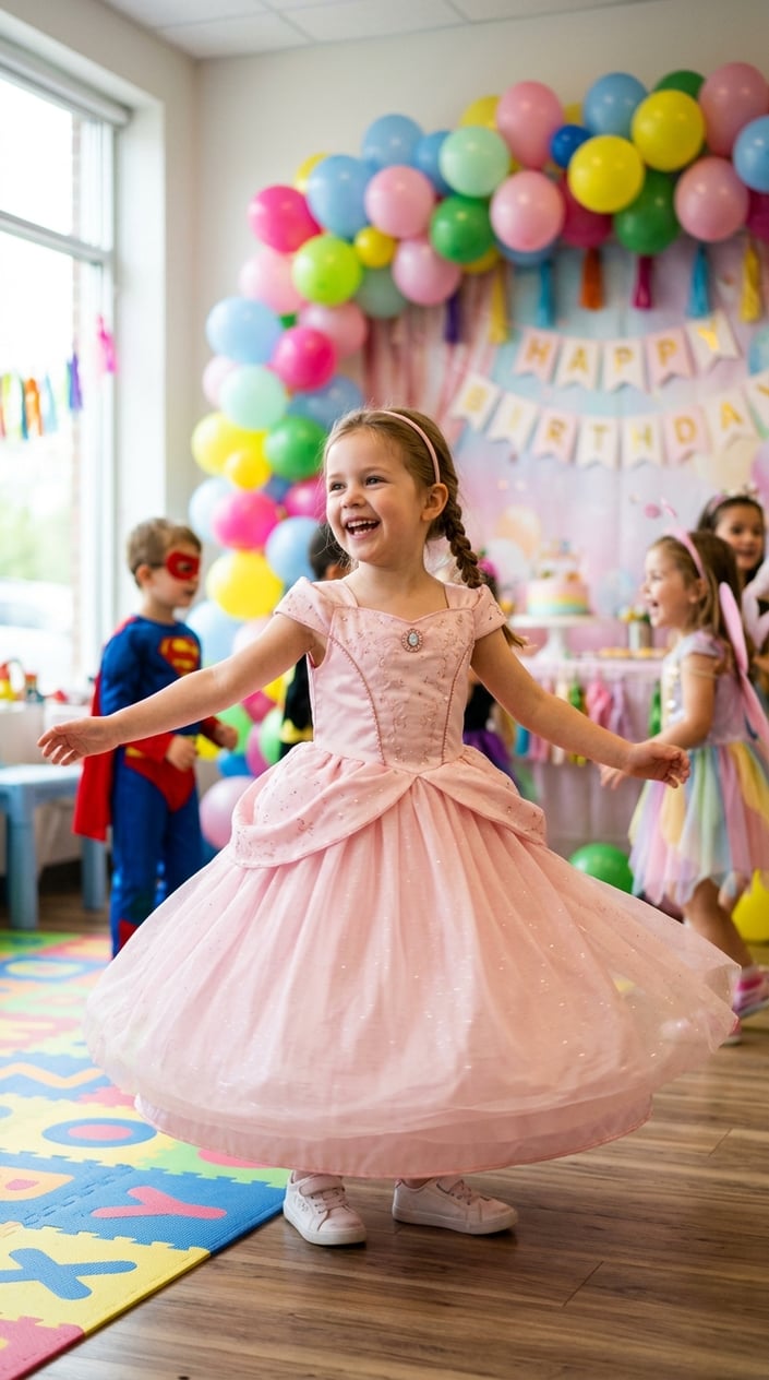 A young girl twirling in a princess dress at a colorful children's party with balloons and decorations.
