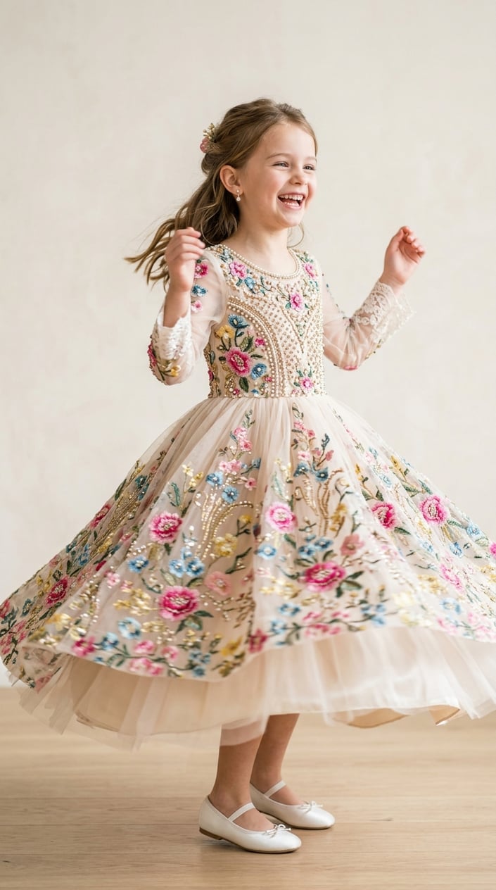 A young girl twirling happily in a floral embellished princess dress with secure beading.