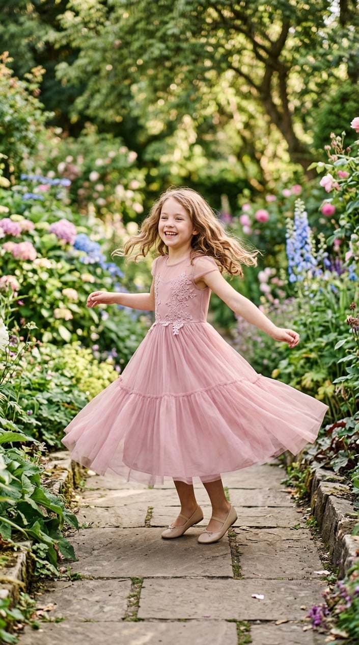 A young girl twirling happily in a midi princess dress outdoors surrounded by greenery and flowers.