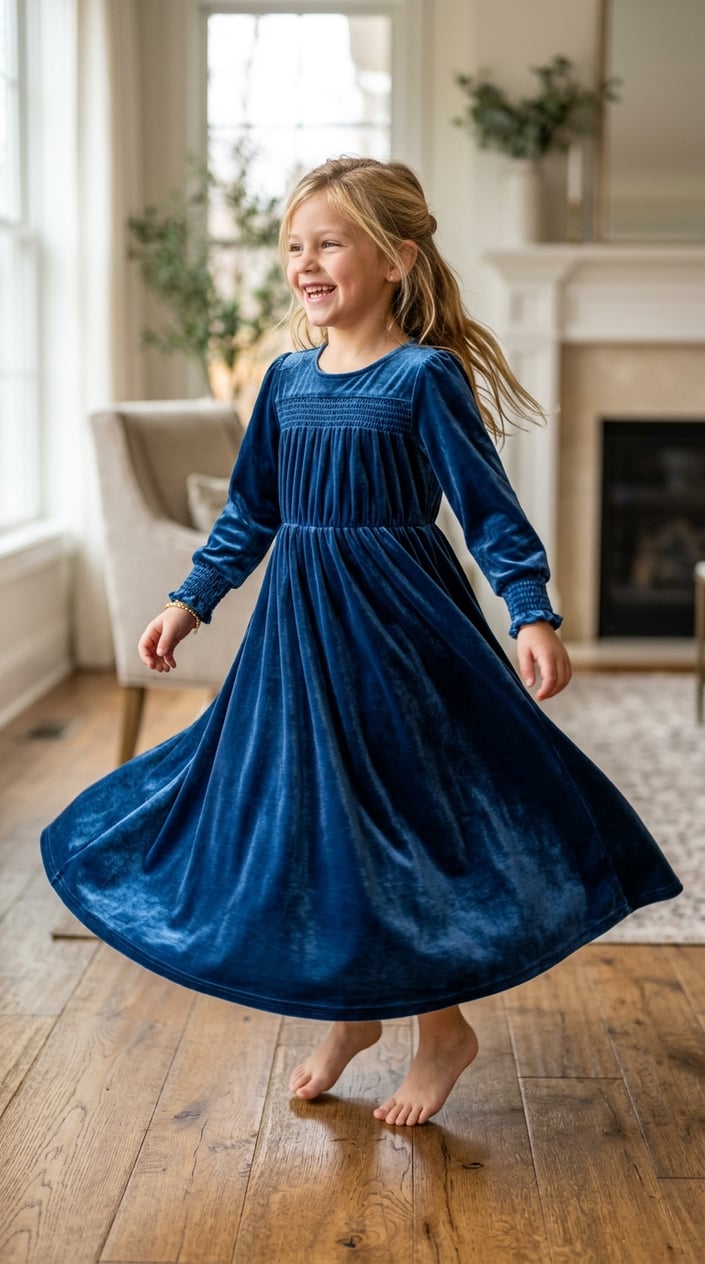 A young girl twirling in a long-sleeve blue velvet gown indoors, smiling as the dress flows around her.