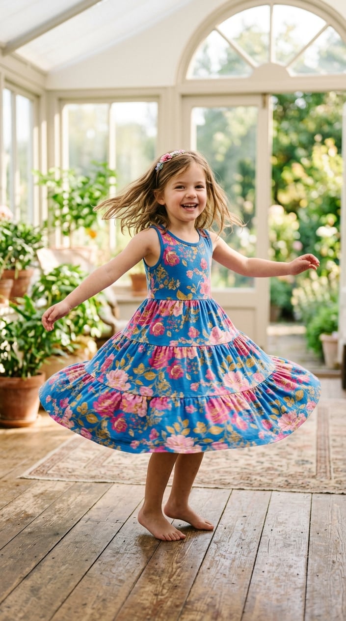 A young girl twirling in a colorful princess dress in a bright room.