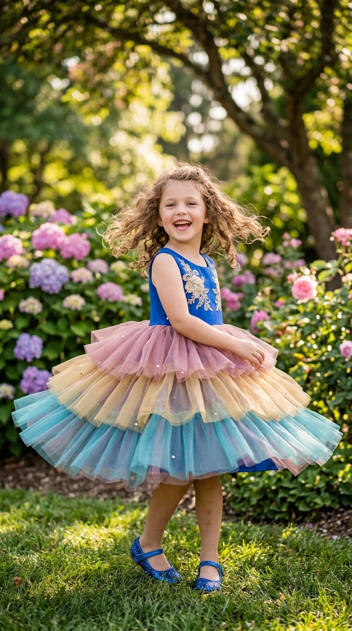 A young girl twirling joyfully in a princess dress outdoors surrounded by flowers and greenery.