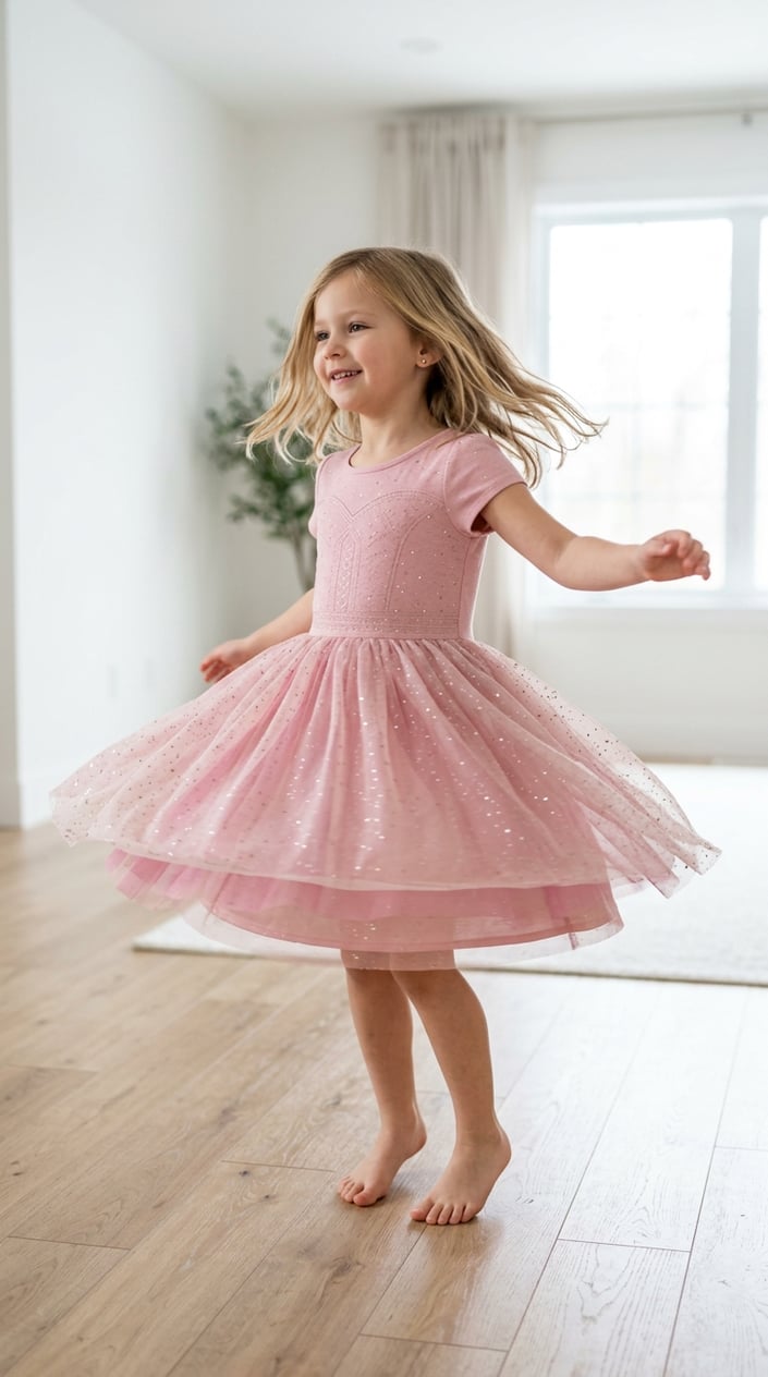 A young girl twirling happily in a sparkling princess dress with a comfortable bodice in a bright room.