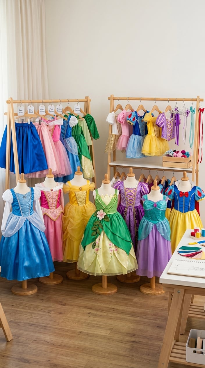 A collection of colorful Disney princess-inspired dresses with interchangeable parts displayed on mannequins and hangers in a bright studio.