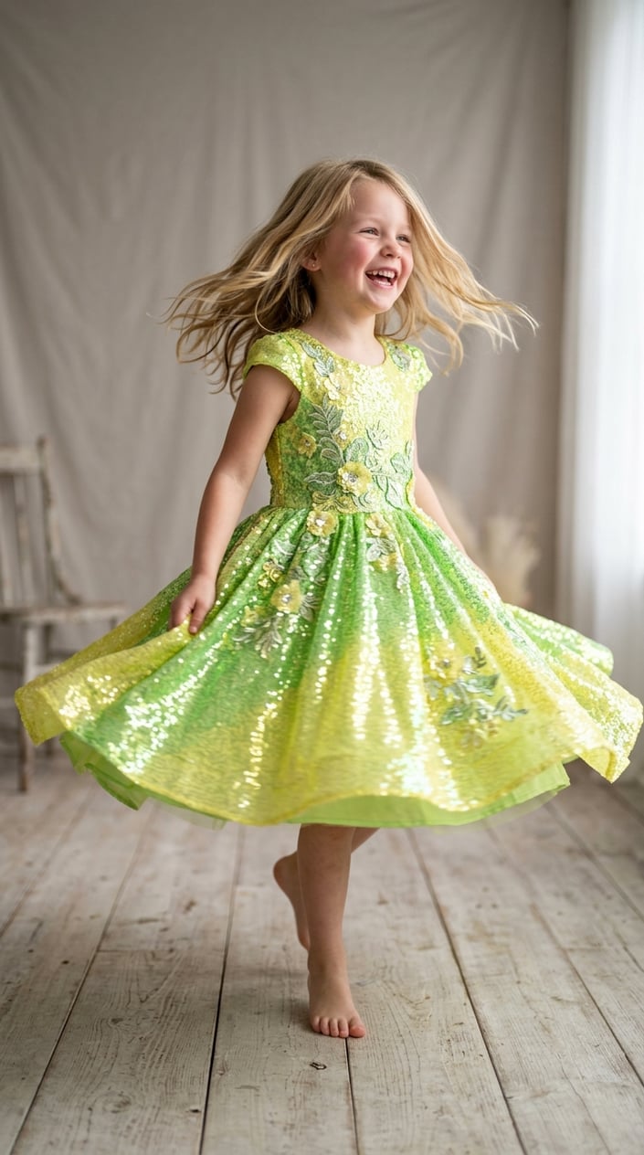 A young girl twirling in a sparkling green and yellow sequin princess dress with applique details against a plain background.