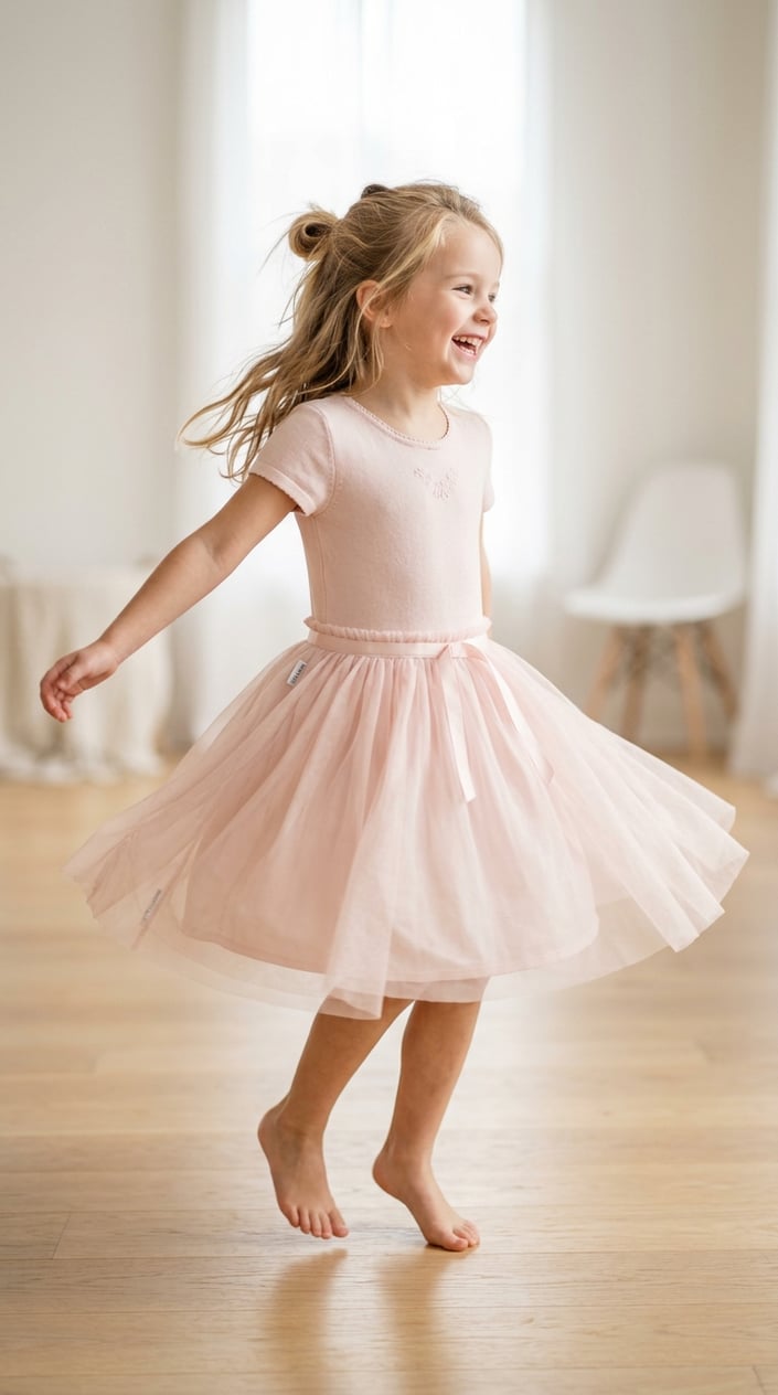 A young girl twirling in a pink princess dress with a tulle skirt and knit bodice against a plain background.