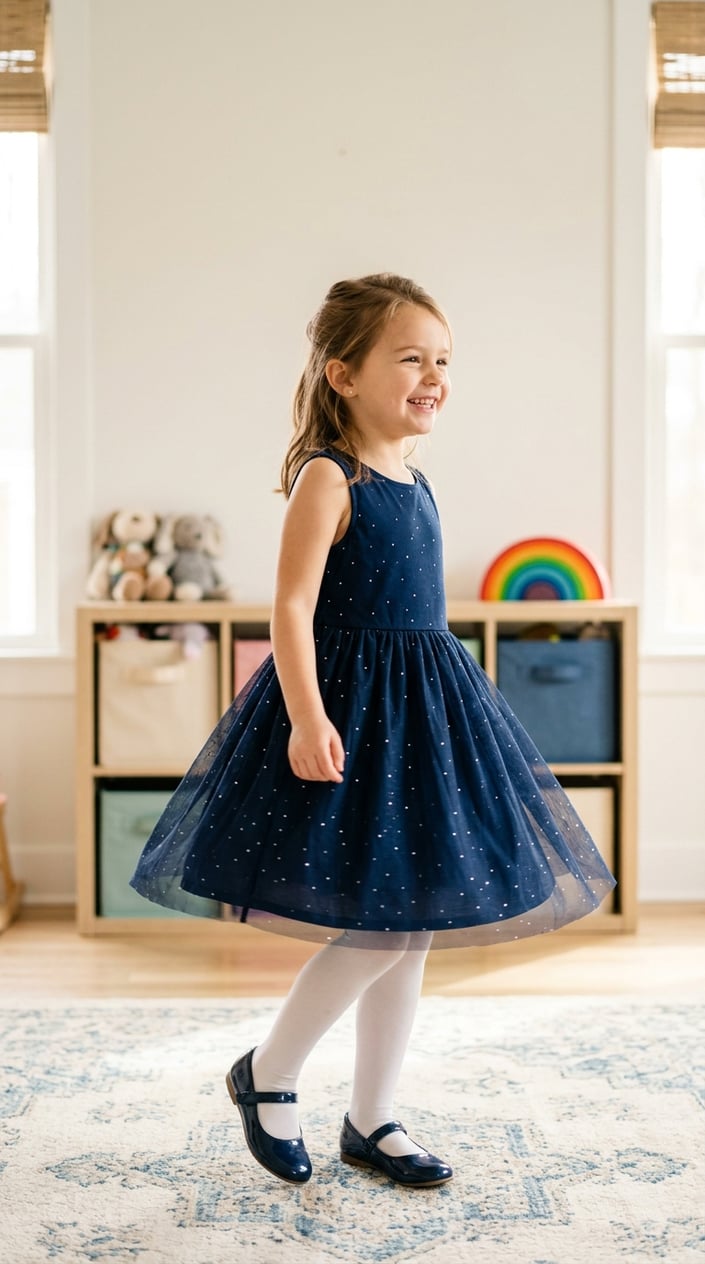 A young girl twirling happily in a mesh-overlay party dress with a flared skirt in a bright indoor setting.