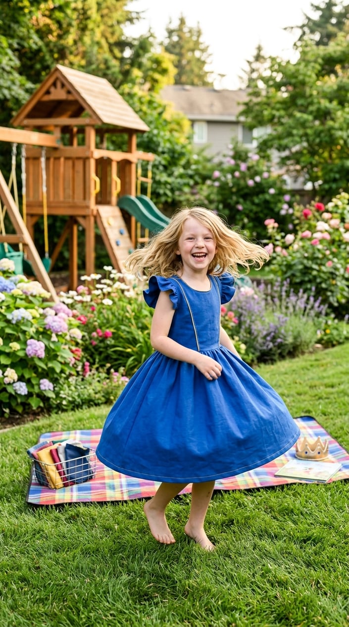 A young girl spinning happily in a princess dress outdoors in a backyard with grass, flowers, and play equipment.