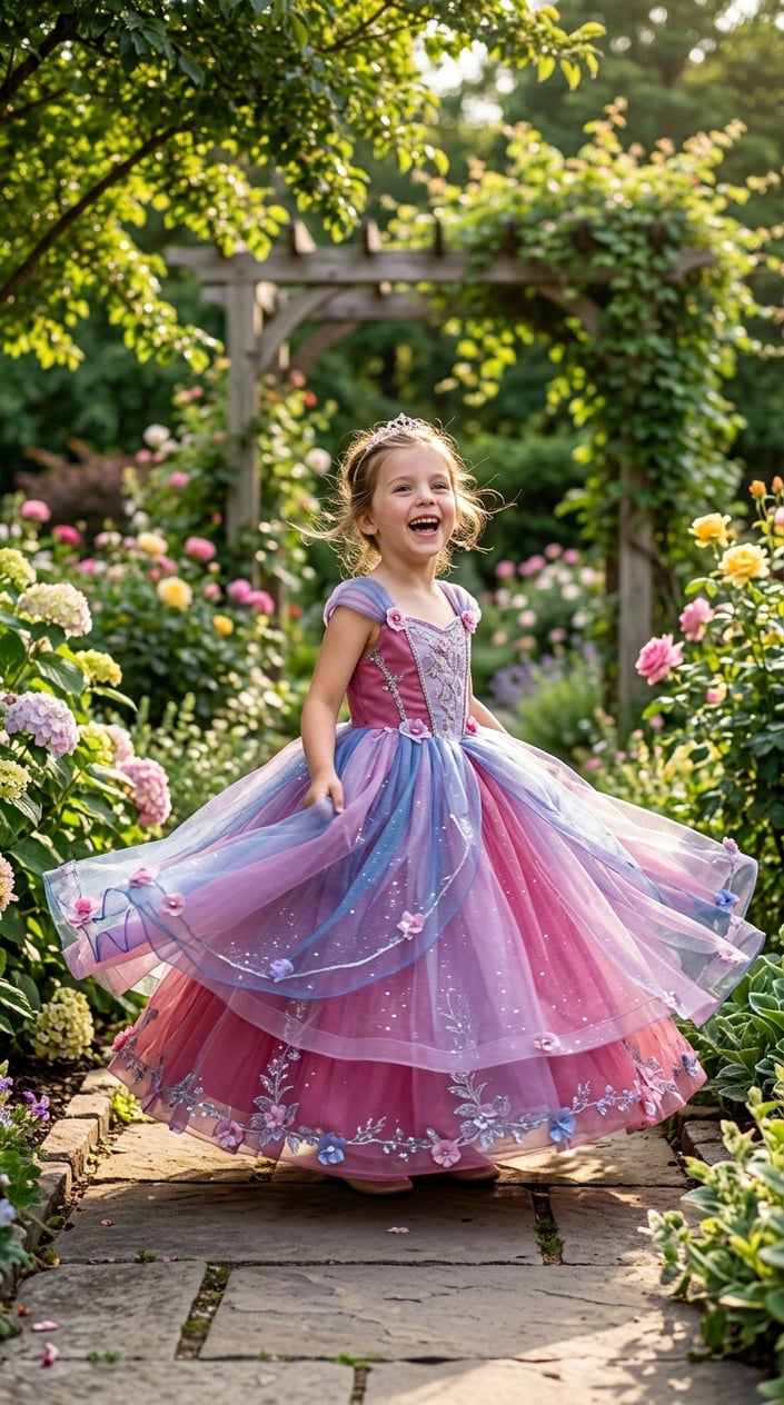 A young girl twirling in a colorful princess dress in a sunny garden surrounded by flowers.