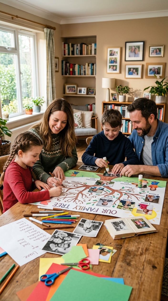 12 Family Tree Project Ideas for Kids That Actually Teach Them Something About Family 2 A family with two children and an adult working together on a family tree project at a table covered in printed photos and craft supplies.