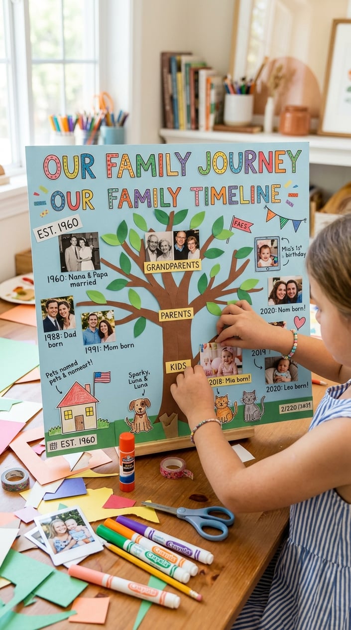 12 Family Tree Project Ideas for Kids That Actually Teach Them Something About Family 3 A child assembling a colorful layered paper family timeline poster on a bright workspace surrounded by markers and craft supplies.