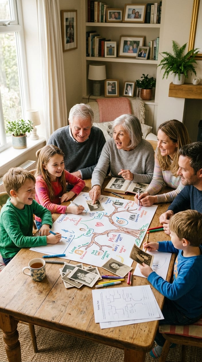 12 Family Tree Project Ideas for Kids That Actually Teach Them Something About Family 4 A family with grandparents and children gathered around a table looking at photos and working on a family tree project together.