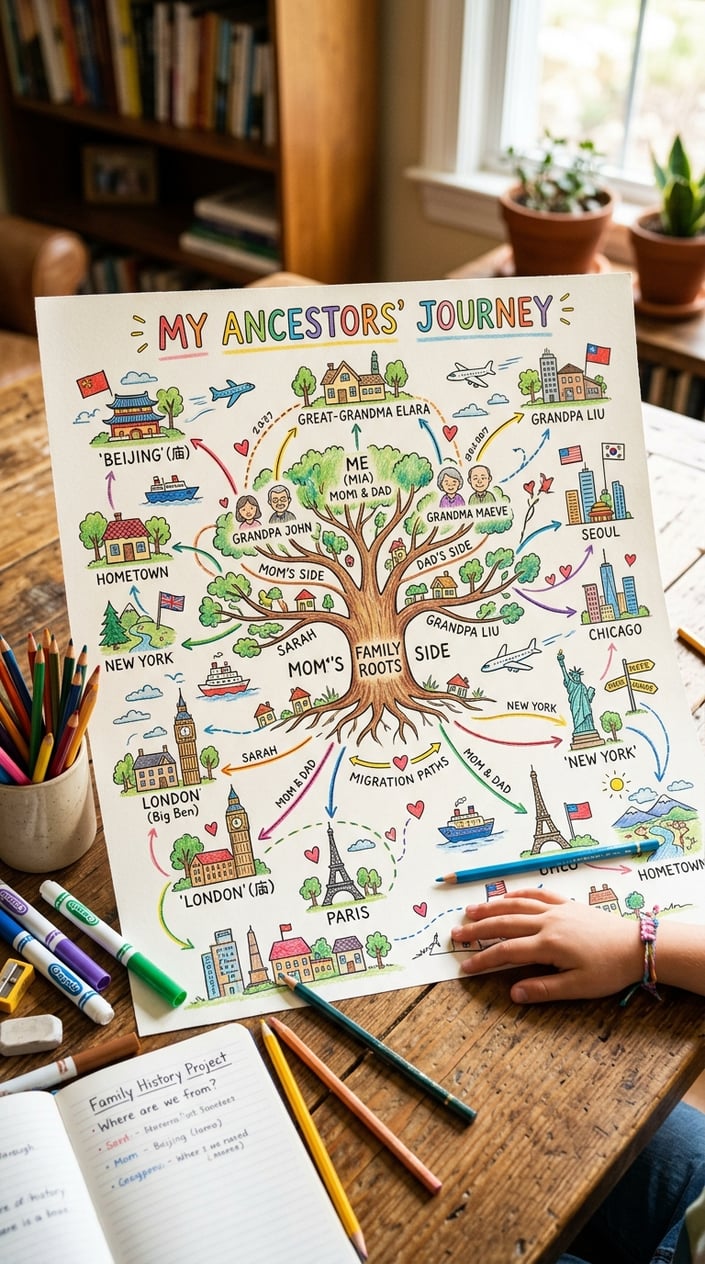12 Family Tree Project Ideas for Kids That Actually Teach Them Something About Family 5 A hand-drawn map on cream paper showing connected hometowns with colored pen labels, drawing tools resting on a wooden table beside it.