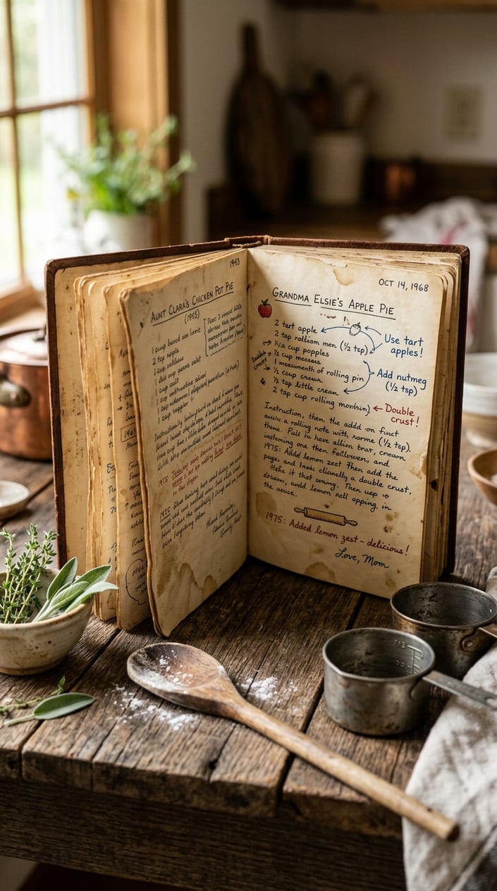 12 Family Tree Project Ideas for Kids That Actually Teach Them Something About Family 6 An open heirloom recipe book with handwritten family notes lying on a wooden table beside kitchen utensils and a small bunch of fresh herbs.