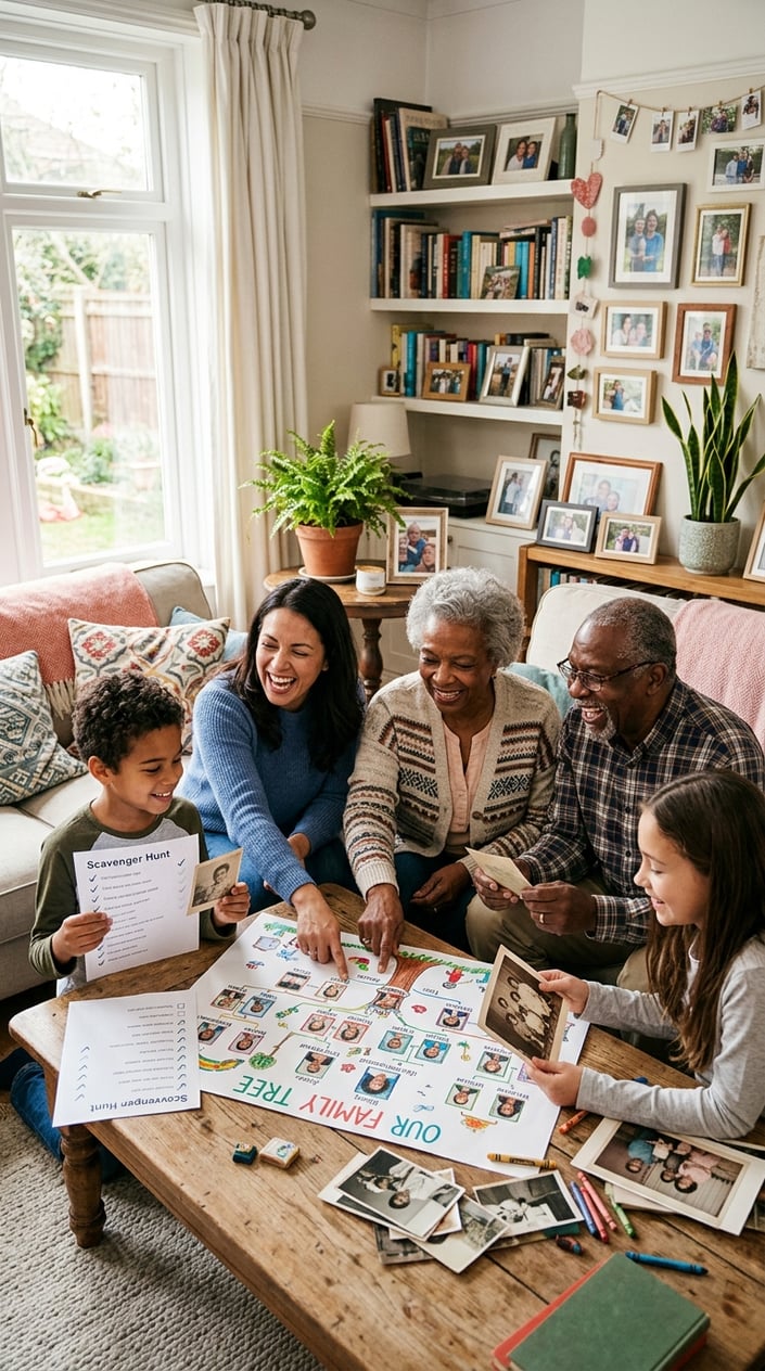 12 Family Tree Project Ideas for Kids That Actually Teach Them Something About Family 8 A multi-generation family gathered around a table looking at old family photos and a handwritten family tree chart, smiling and pointing at pictures together.