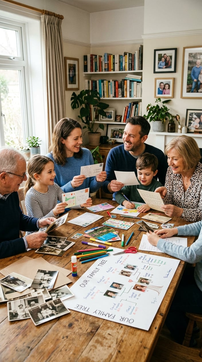12 Family Tree Project Ideas for Kids That Actually Teach Them Something About Family 9 A family gathered around a table exchanging handwritten postcards and looking at a family tree project spread out between them.