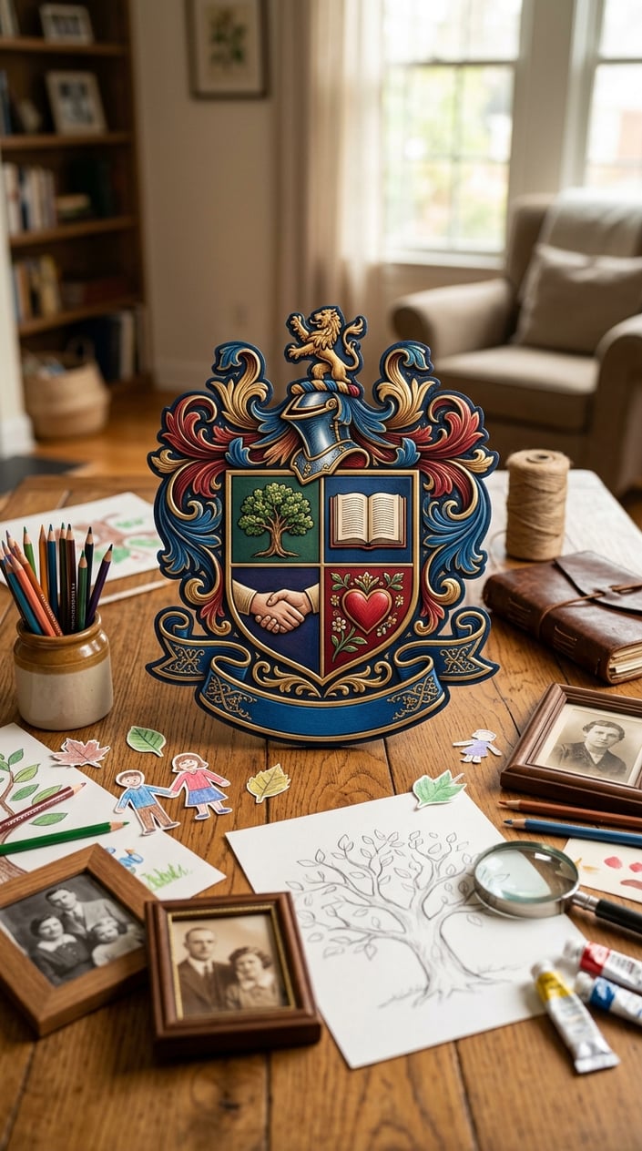 12 Family Tree Project Ideas for Kids That Actually Teach Them Something About Family 10 A detailed hand-drawn family crest emblem on a wooden table surrounded by colored pencils, art supplies, and small framed photos.