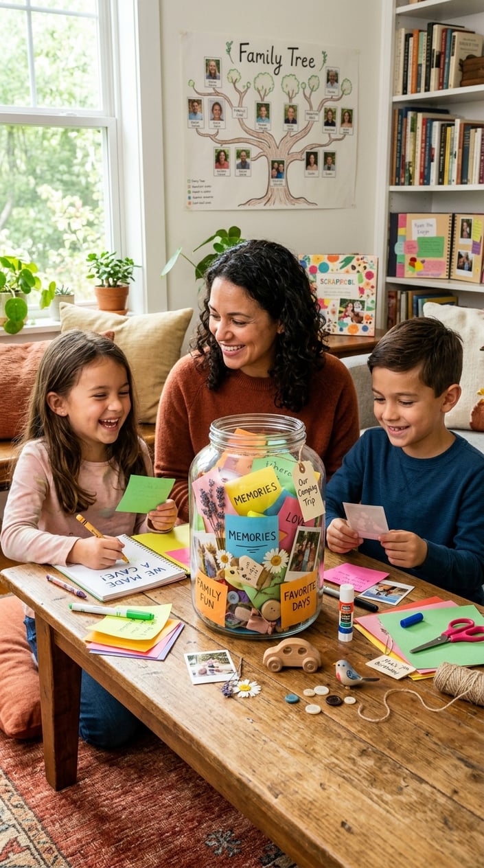 12 Family Tree Project Ideas for Kids That Actually Teach Them Something About Family 11 A family gathered around a clear glass jar filled with colorful folded paper notes and small keepsakes, working together in a cozy, warmly lit room.
