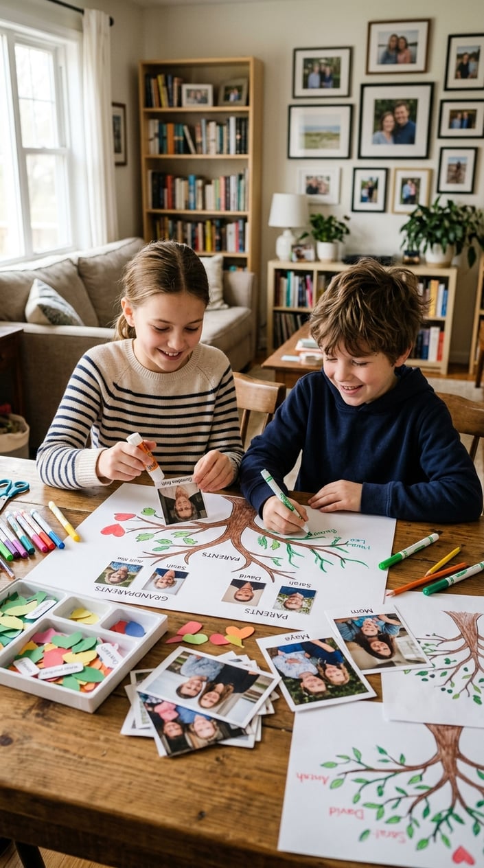 12 Family Tree Project Ideas for Kids That Actually Teach Them Something About Family 12 Two siblings sitting together at a table in a cozy living room, working on a family tree craft project with papers and photos spread in front of them.