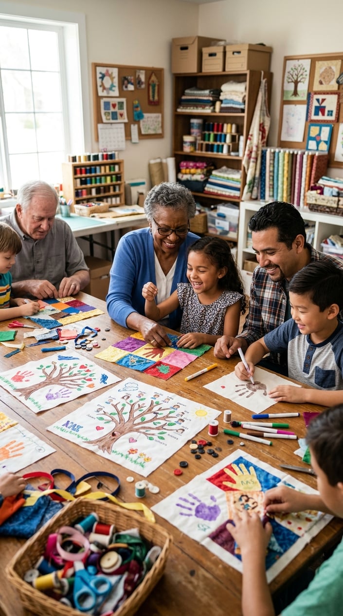 12 Family Tree Project Ideas for Kids That Actually Teach Them Something About Family 13 Children and adults working together on colorful fabric quilt squares decorated with family tree designs around a bright craft room table.