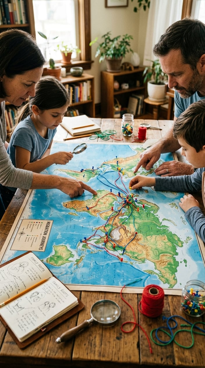 12 Family Tree Project Ideas for Kids That Actually Teach Them Something About Family 15 A group of people placing colorful pushpins on a large migration route map spread across a table, with notebooks and pencils nearby.