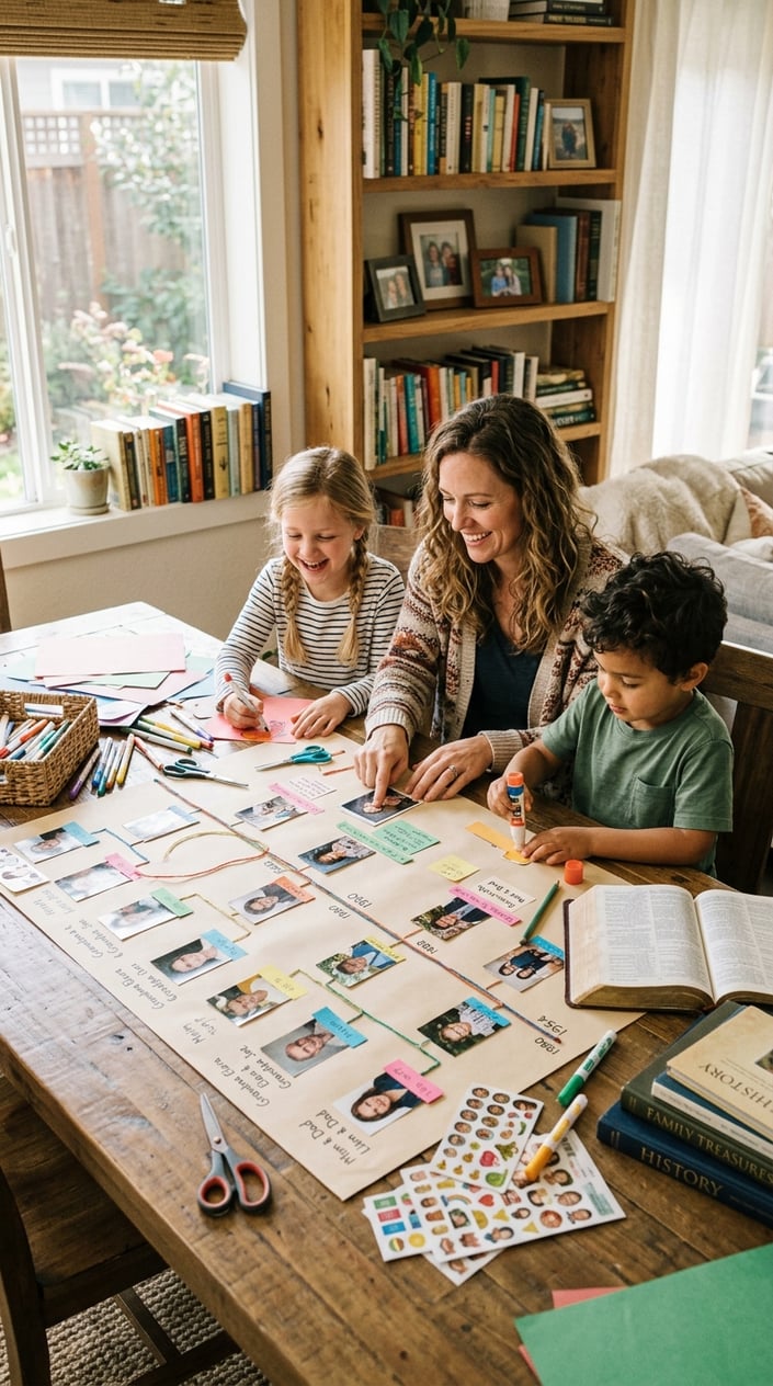 12 Family Tree Project Ideas for Kids That Actually Teach Them Something About Family 16 Children and an adult working together on a handwritten family tree timeline craft project at a table filled with art supplies, index cards, and photos in a cozy home setting.