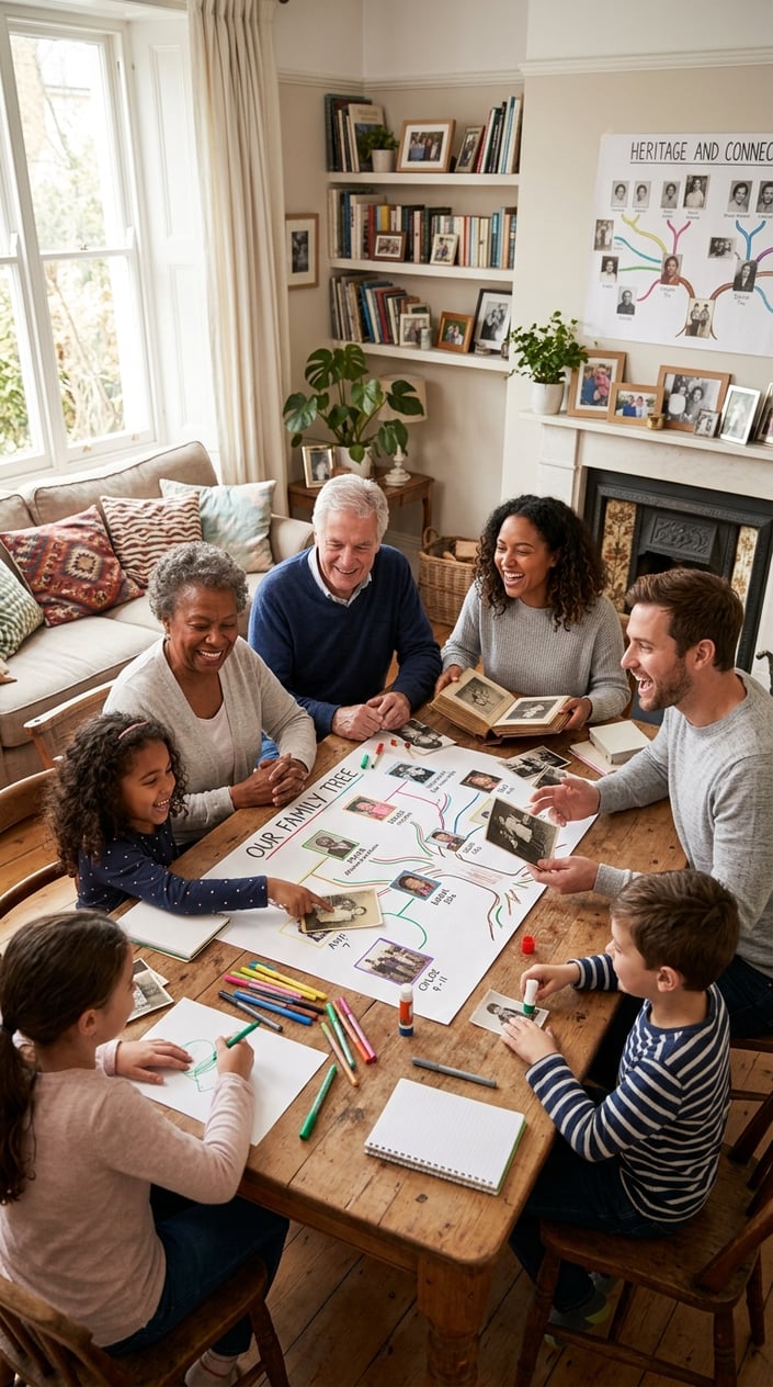 12 Family Tree Project Ideas for Kids That Actually Teach Them Something About Family 17 A multigenerational family gathered around a table working together on a family tree project, with printed photos and craft supplies spread across the surface.