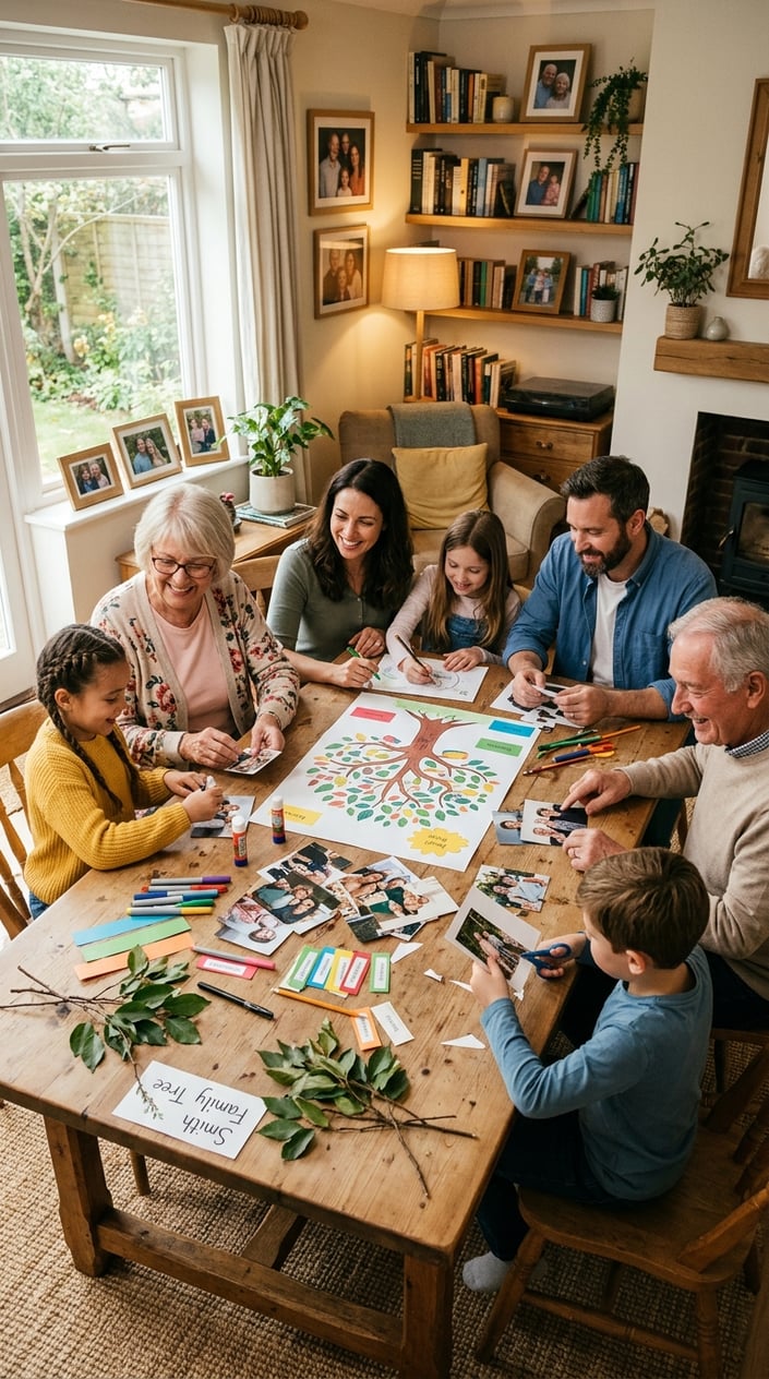 12 Family Tree Project Ideas for Kids That Actually Teach Them Something About Family 18 A multigenerational family gathered around a table working together on a family tree craft project with printed photos, art supplies, and handwritten notes spread out in front of them.
