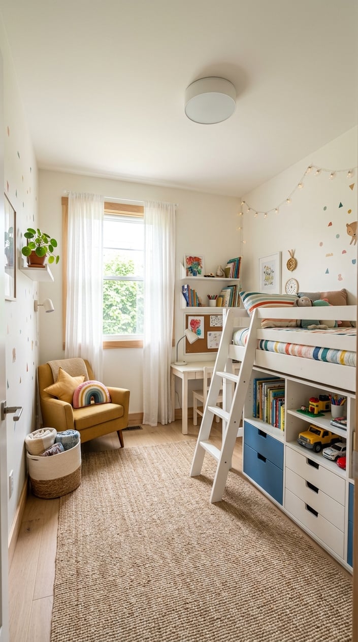 Small kids' bedroom with a white loft bed, open storage shelves along one wall, a compact desk tucked underneath, and afternoon light coming through a single window.