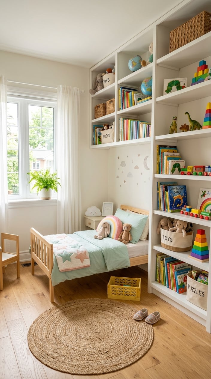 Tall white open bookshelf in a small children's bedroom, filled with colorful toy bins on lower shelves and wicker baskets on upper shelves, beside a sunlit window.