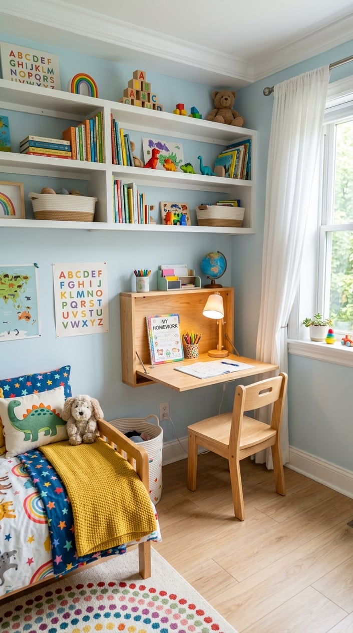 Wall-mounted fold-down desk in a small child's bedroom, opened flat for homework with a small chair pulled up, colorful book spines visible on a nearby shelf.