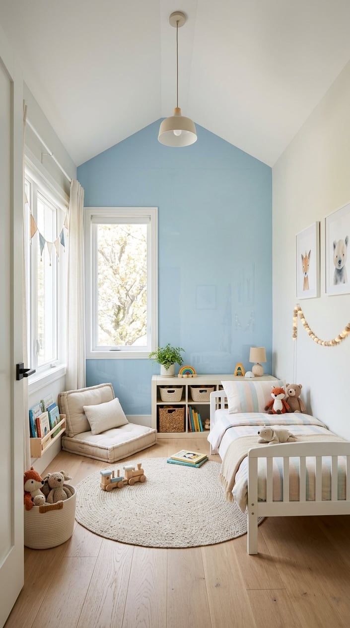 Small children's bedroom with one short wall painted in a soft pearl finish, reflecting natural window light across the room and making the space read longer from the doorway.