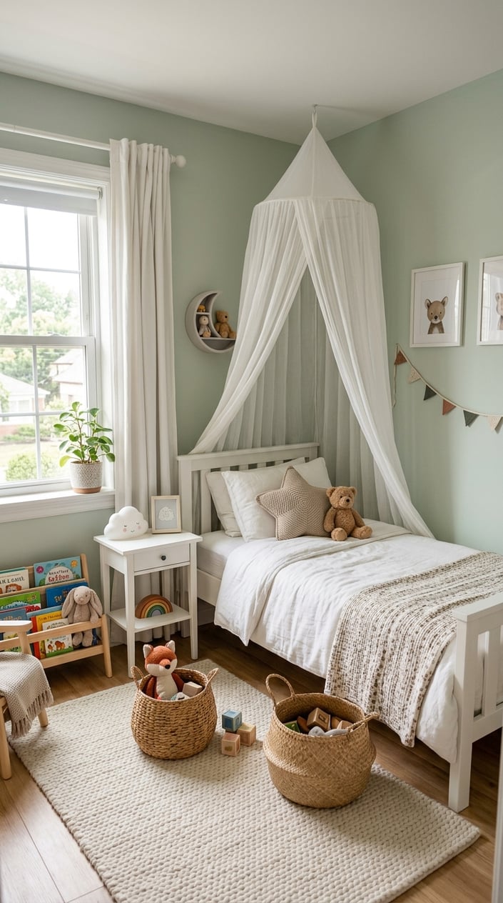Small kids' bedroom with a white voile canopy draped from a single ceiling hook above the bed, soft white bedding below, and open floor space visible on either side.