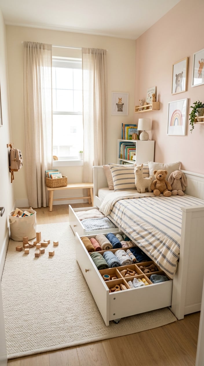 Low-profile under-bed storage drawers on smooth rolling casters pulled halfway out to reveal neatly folded kids' clothes, beside a bed with white bedding in a compact bedroom.