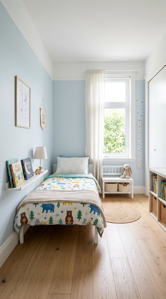 Slim natural wood floating shelf mounted at bed height on a white wall, holding a small lamp, a cup, and one stuffed animal, beside a low kids' bed with striped bedding.