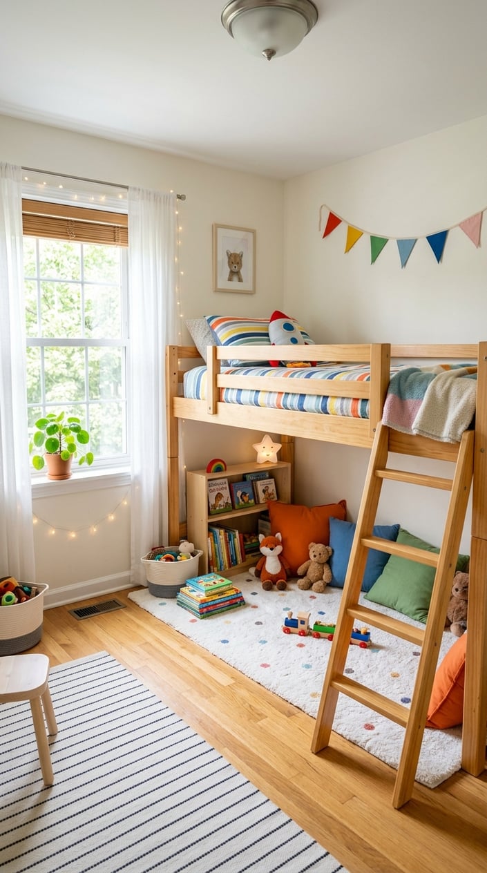 Twin-over-twin loft bed in a small kids' bedroom with a low ladder on the side, a soft rug and open play area beneath, and a small bookshelf tucked into the corner.