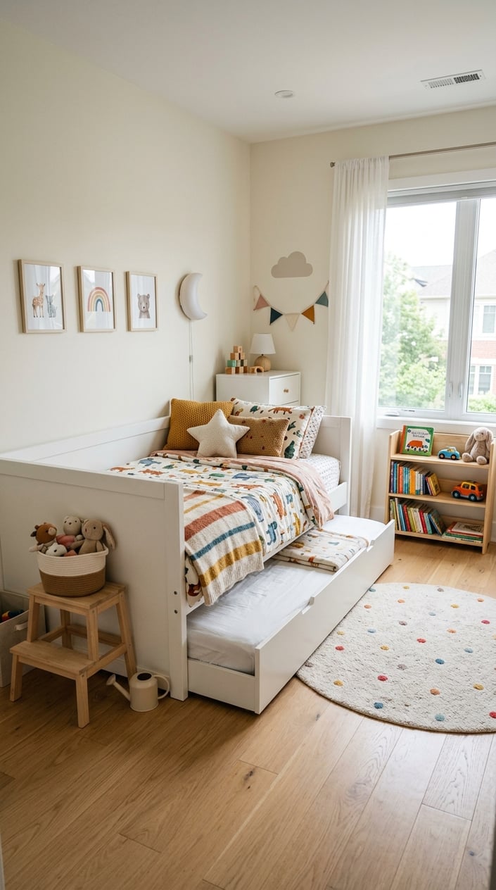 White wood daybed with two built-in side drawers and a pull-out trundle underneath, styled with colorful patterned bedding and a small stuffed animal, in a compact bedroom.