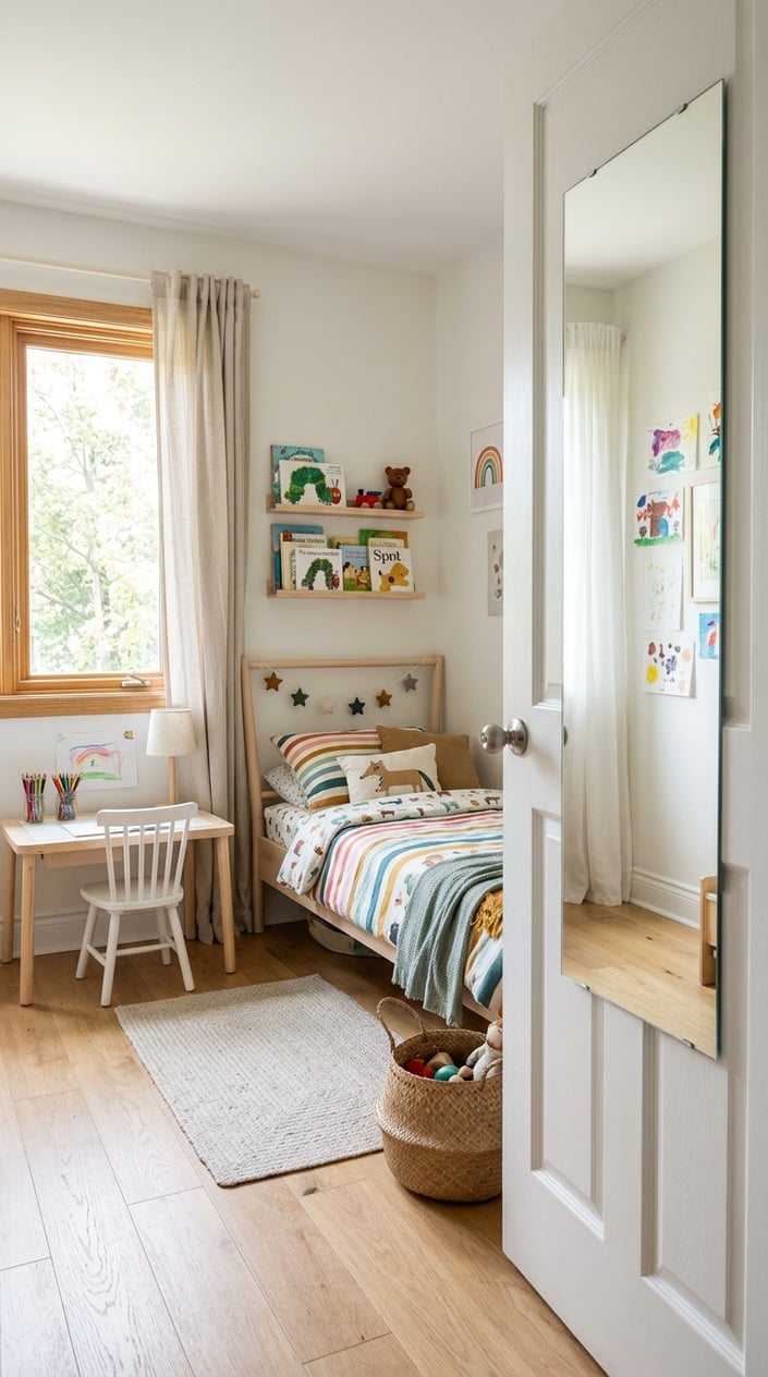Full-length mirror mounted on the back of a bedroom door in a small kids' room, reflecting natural window light and a bookshelf across from it, making the room appear wider.