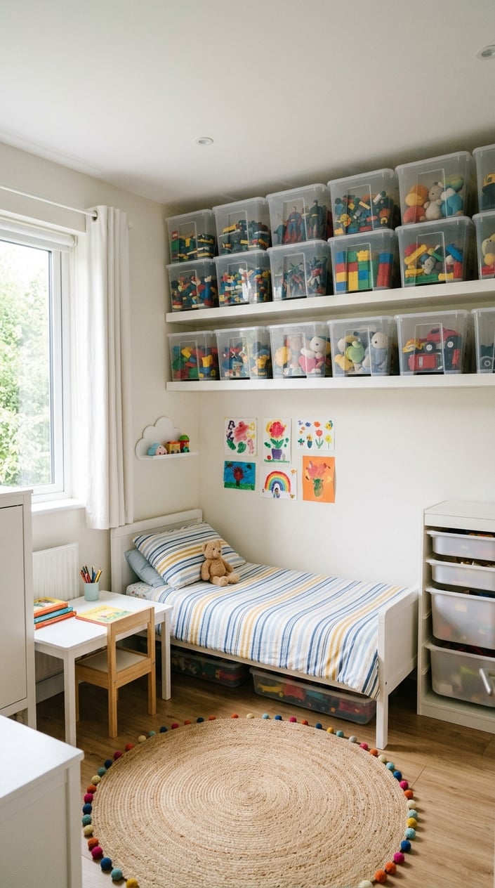 Upper shelves in a small kids' bedroom lined with clear plastic storage bins, each with a small photo label on the front, organized by toy or clothing category.
