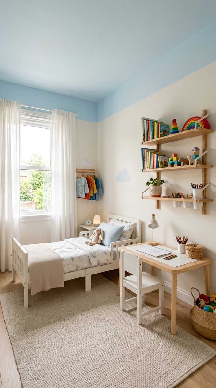 Small children's bedroom with a pale sky-blue ceiling above white walls and white trim, a low bed with pastel bedding, and soft natural light from one window.
