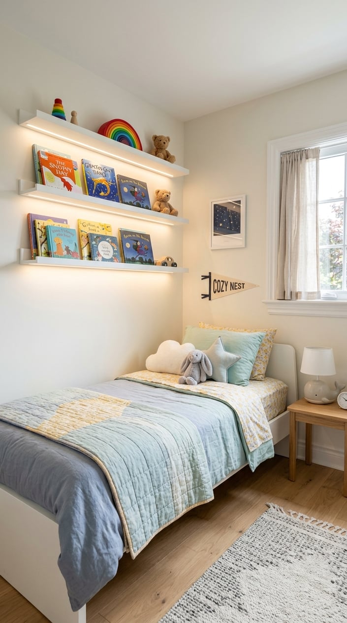 Bookshelf in a small children's bedroom with warm white LED strip lighting tucked behind the bottom lip of each shelf, casting a soft glow onto the wall below.