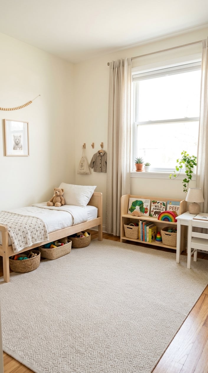 Small children's bedroom with a low-pile beige rug in a small diamond repeat pattern covering most of the floor, a low bed against one wall, and natural light from a single window.