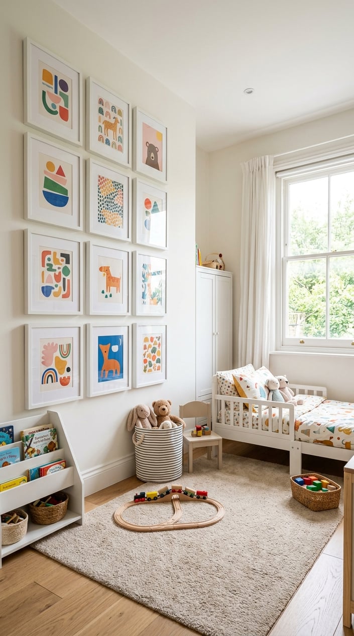 Small kids' bedroom wall with a 3x3 grid of matching white-framed 8x10 prints hung at even spacing, featuring a mix of pastel illustrations and black-and-white family photos.