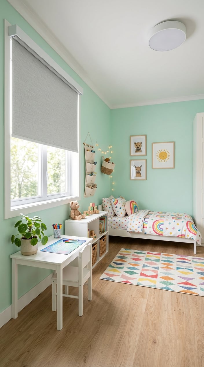 Small kids' bedroom window with a soft gray cordless roller blind inside-mounted on the frame, a thin white valance across the top, and clear natural light filling the room.