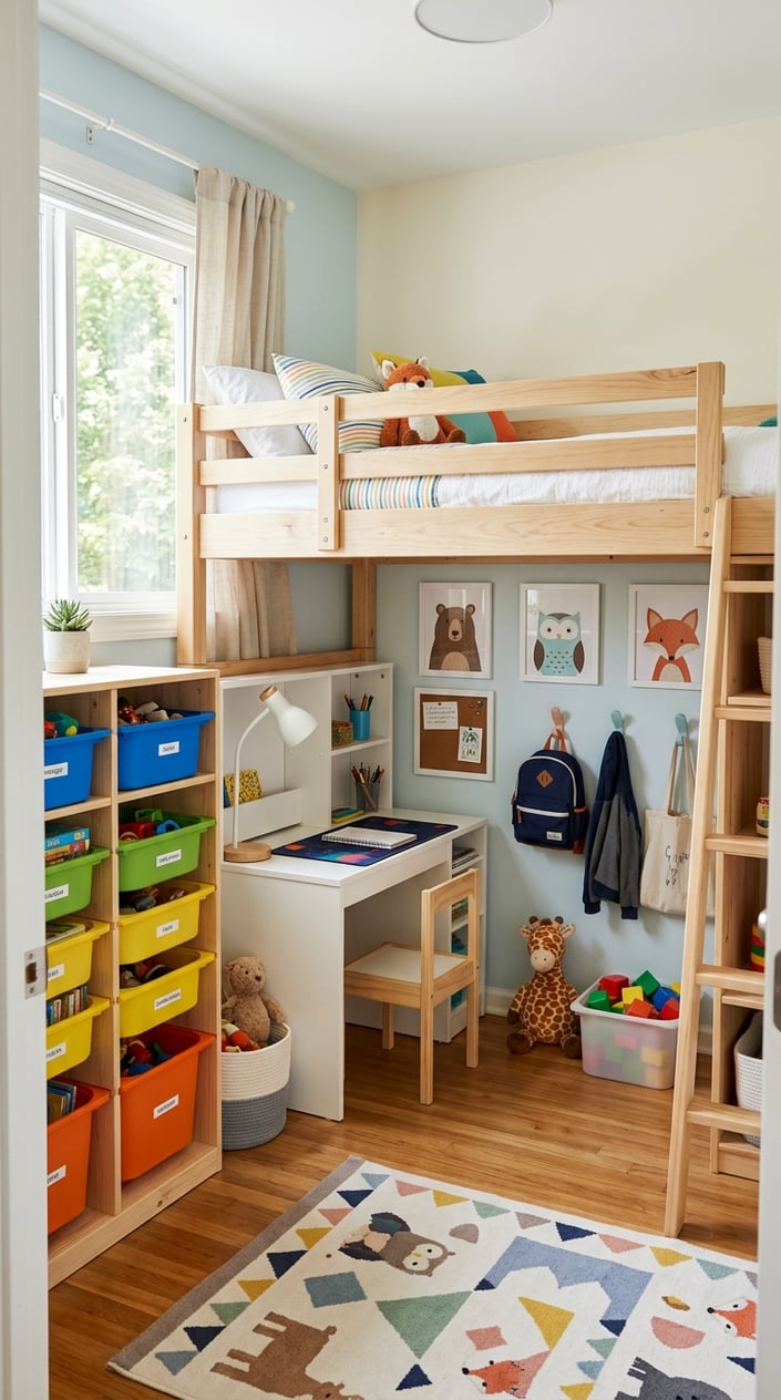 Small kids' bedroom showing a loft bed with a built-in desk below, open cubbies along one wall, and a window letting in bright natural light over a small colorful rug.
