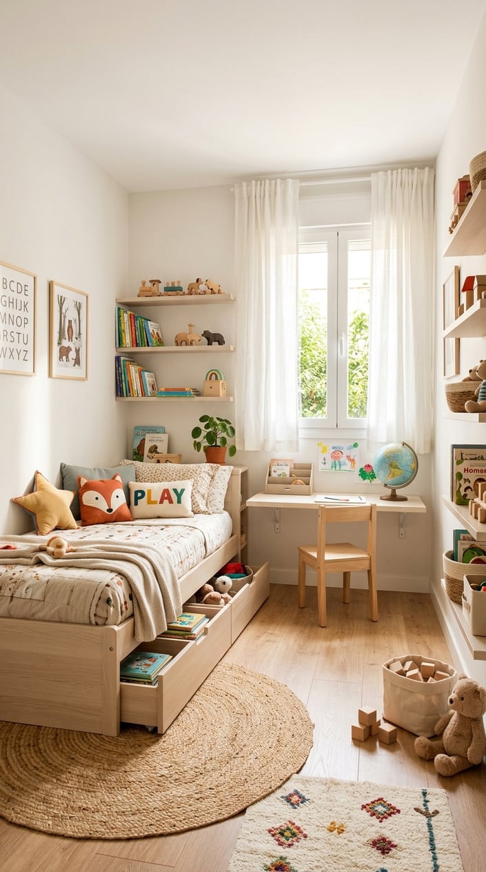 Bright, tidy children's bedroom with white walls, a low bed, minimal furniture, and a small basket of toys visible in the corner, with open floor space in the center.