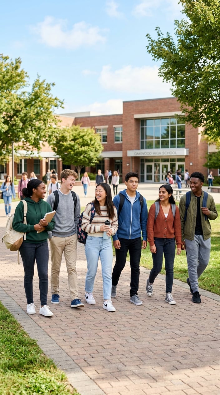 19 Casual School Outfits That Get Through Monday Without a Fight 2 A group of diverse teenagers in relaxed, mix-and-match casual outfits walking and standing outside on a sunny school campus.