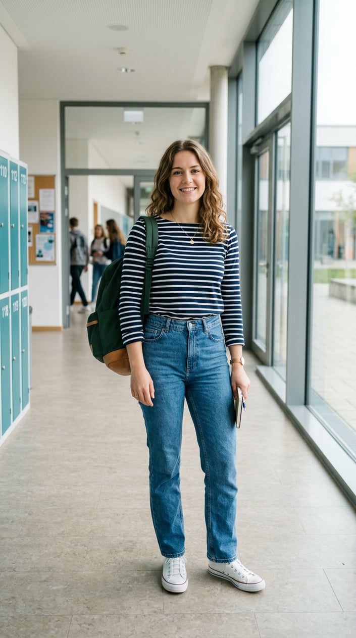 19 Casual School Outfits That Get Through Monday Without a Fight 3 A person standing in a school hallway wearing a navy-and-cream striped Breton tee tucked into high-rise straight jeans.