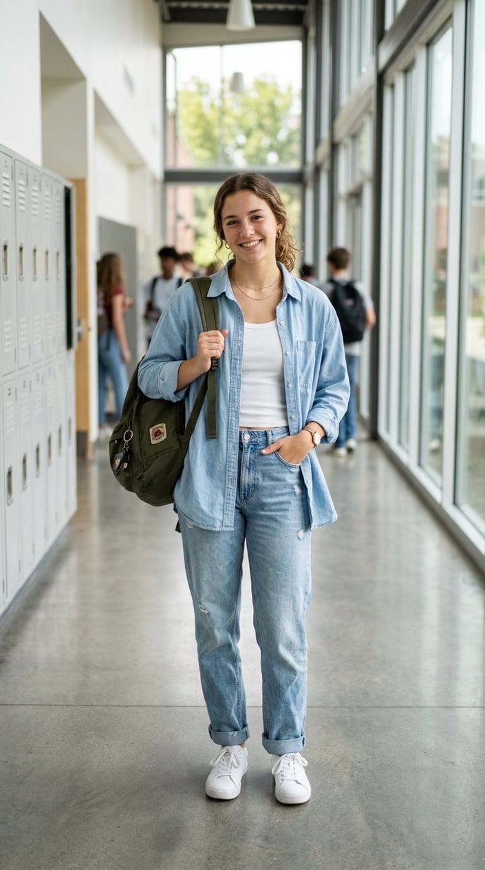 19 Casual School Outfits That Get Through Monday Without a Fight 5 A young woman in a relaxed boxy chambray shirt worn open over a fitted white tank, standing in a school hallway with lockers behind her.
