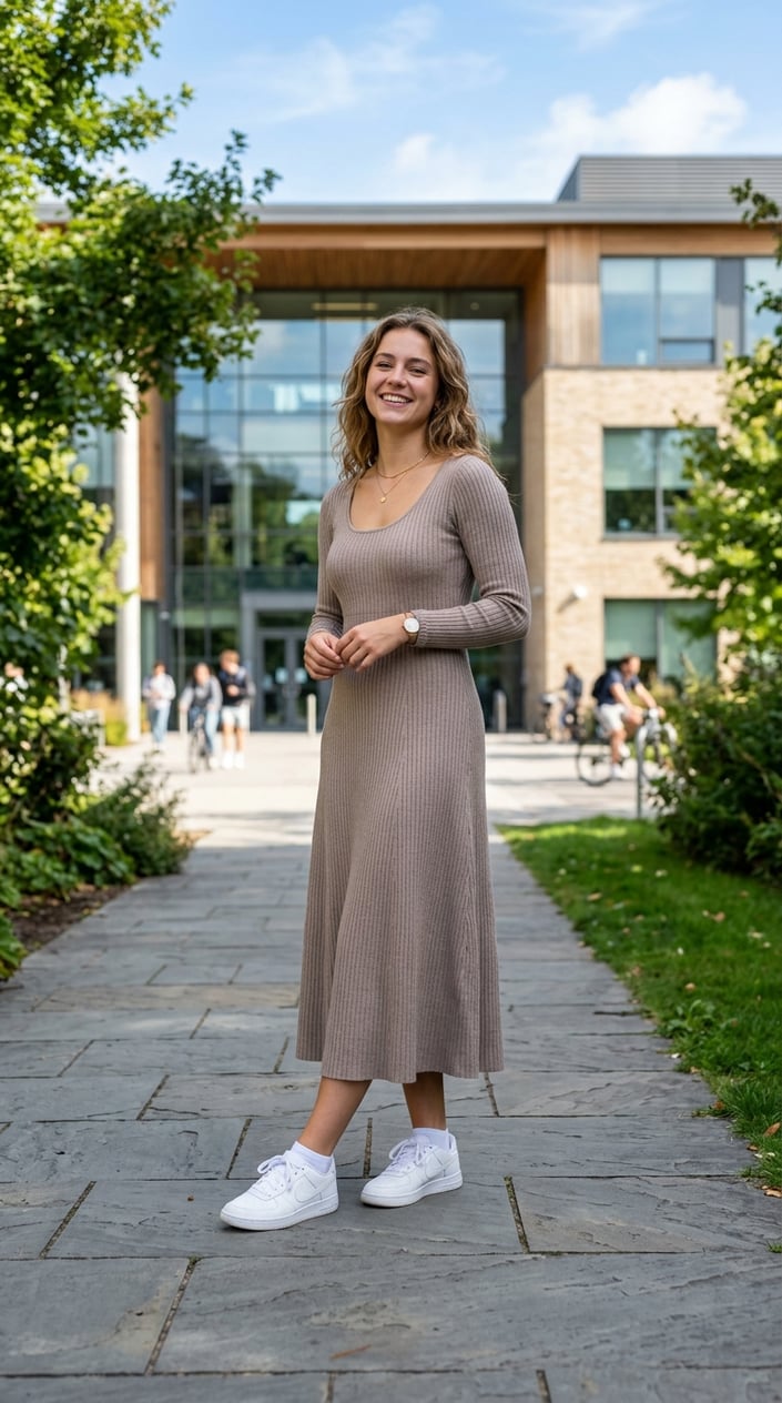 19 Casual School Outfits That Get Through Monday Without a Fight 7 A woman standing outdoors near a school building wearing a charcoal knit midi dress with a slightly fitted waist and white low-top sneakers.